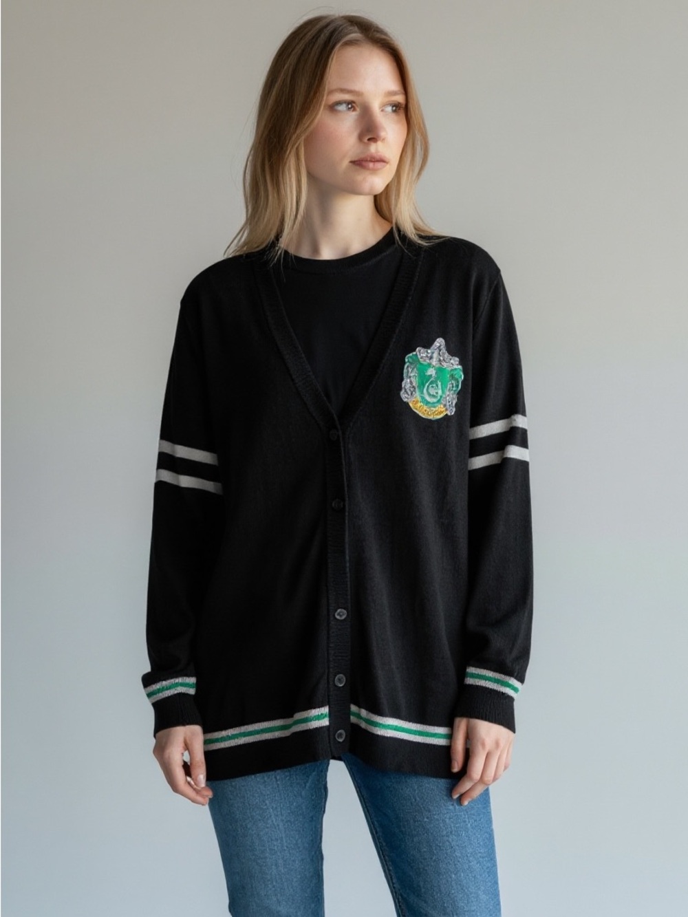 Black Button-Front Cardigan with Green Crest Detail - Women's - Picture 6 of 7